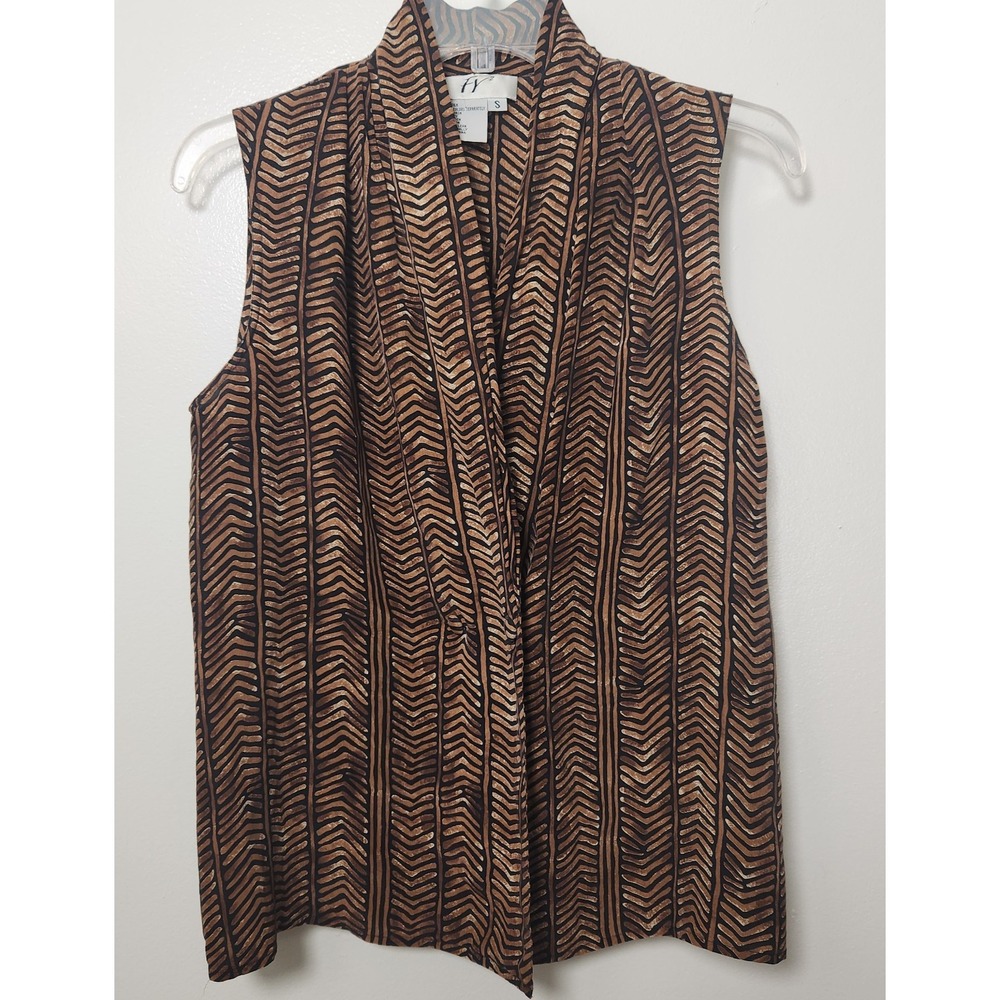 Vintage 100%‎ Silk Geometric Sleeveless Double Breasted Blouse Brown Black Small